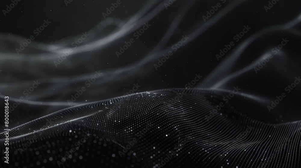 Poster black and white abstract image depicting a dynamic digital wave formed by particles.