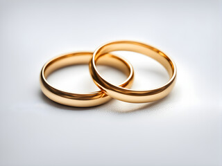 A pair of gold wedding rings, set against a solid color background, with concepts of love and marriage, Valentine's Day