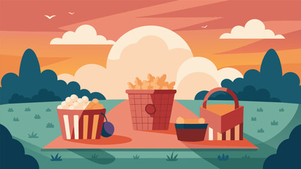 The hum of picnic baskets being unpacked and the smell of freshly popped popcorn fill the air as the sun sets on this nostalgic evening.. Vector illustration