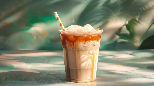 Iced latte caramel in double insulated glass, summer drink, paper straw, marble, green wall, rainbow glow