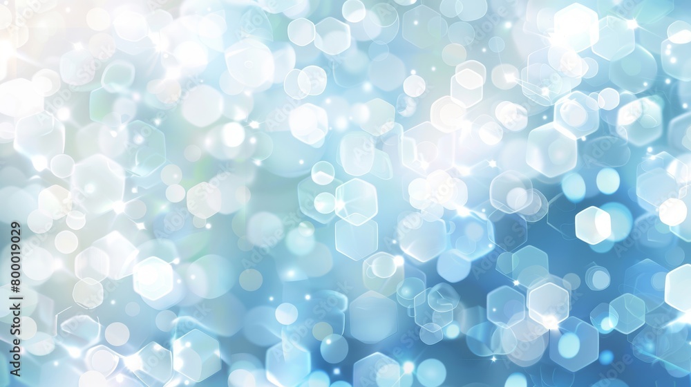 Poster glittering bokeh lights with hexagonal patterns create an abstract, ethereal blue background.