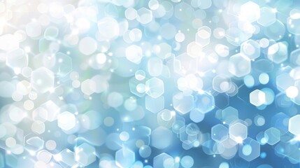 Glittering bokeh lights with hexagonal patterns create an abstract, ethereal blue background.