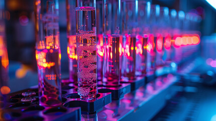 Vials with a glowing pink liquid in a laboratory setting