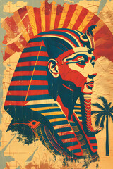 Art Deco Vintage Style Poster with Ancient Egyptian Pharaoh and Palm Trees