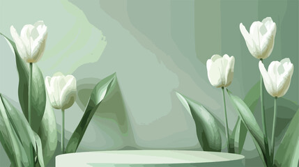 Podiums with white tulips on green background. Hello