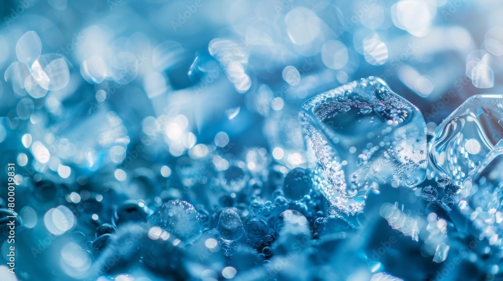 Poster macro shot of translucent ice cubes gleaming with a refreshing blue hue and bokeh highlights.