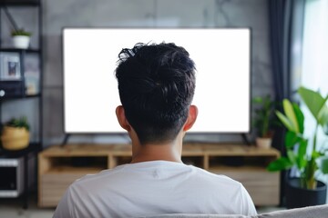 App mockup asian man in his 20s in front of an smart-tv with a fully white screen