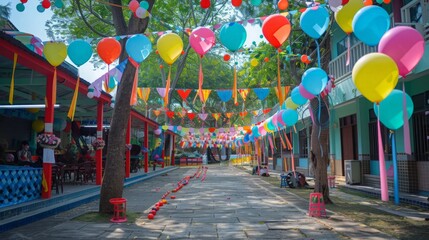 schoolyard decorated with colorful streamers and balloons, hosting a fun fair for Teacher's Day