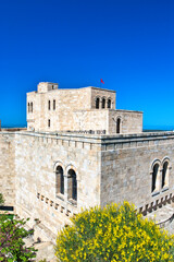 Kruje, Albania - 28 April, 2024: The Skanderbeg Museum in Kruja, Albania. The building of George Castriot ( Skanderbeg ) - national albanian hero. Kruje Castle and fortress. This was on a hot, sunny, 