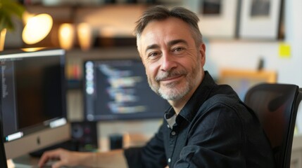 Obraz premium A man with a beard and graying hair wearing a dark shirt sitting ata desk with multiple computer monitors smiling towards the camera in a well-lit office environment.