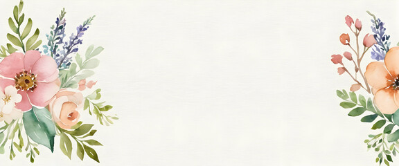 Pastel floral border with tender blossoms of spring, Easter designs. Extra wide banner. AI illustration