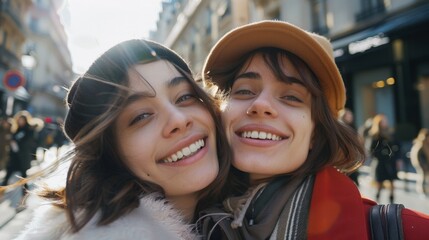 Two smiling women with hats one in a black beanie and the other in a brown cap posing together in a city street with blurred background. - Powered by Adobe