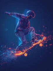 Man boy body silhouette skateboarding made of polygon Al neon network on dark blue background