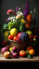 Stillleben von Blumen und Früchten. Hintergrund für das Design 1.