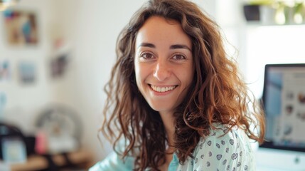 Smiling woman with curly hair wearing a blue blouse with a floral pattern seated in a home office with a computer monitor in the background.