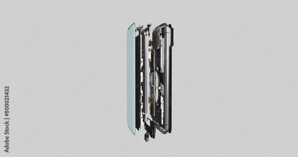 Wall mural detailed 3d animation of modern smartphone showing hardware and components inside. black and white m