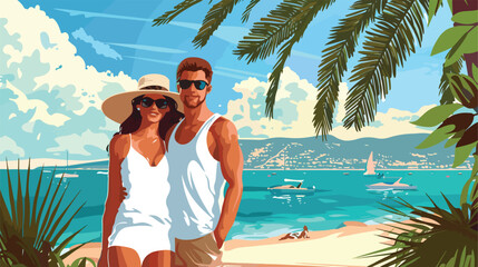 Portrait of happy couple at sea resort Vectot style vector