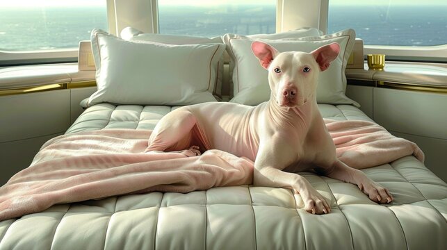 A hairless dog with blue eyes is lying on a white leather bed.