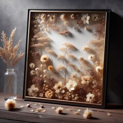A frame composed of delicate dried flowers, preserved in resin,