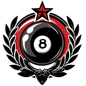 black eight-ball centered in a silver laurel wreath with a yellow star above it