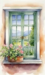 Fototapeta premium Rustic Window with pastoral watercolor scene. Visual for home decor and lifestyle magazines. AI Illustration.