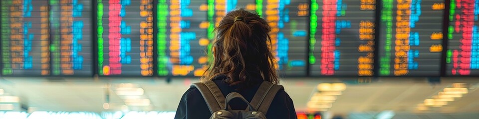 Obraz premium Solo Traveler Contemplating Airport Flight Schedule