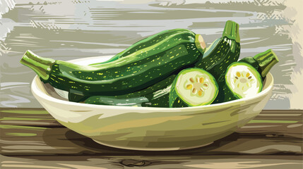 Bowl with fresh zucchini on wooden background. Banner