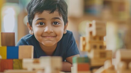A young boy with a joyful expression leaning over a table filled with colorful wooden blocks suggesting a playful and creative environment.