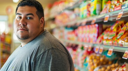 A man in a gray shirt standing in a grocery store aisle with various snack foods on the shelves behind him.