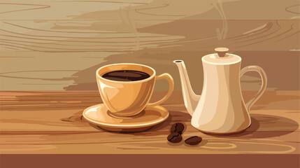 Pot and cup with hot coffee on wooden table 