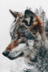 Wolf with Snowy Pine Trees Double Exposure