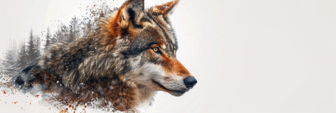 Wolf with Snowy Pine Trees Double Exposure