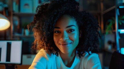 Fototapeta premium A smiling woman with curly hair wearing a white top sitting in front of a computer screen with a blue glow in a dimly lit room.