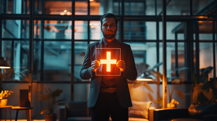 Fototapeta na wymiar A mysterious man in business attire holding a brightly lit plus symbol in a dim office environment