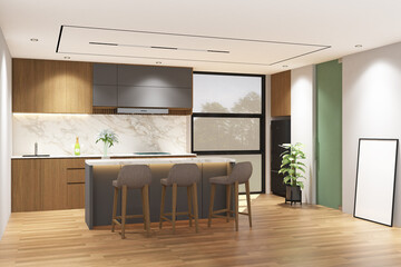 3d rendering illustration of wood and gray pantry side the window with island, bar chair, frame mock up. Wood parquet floor and white ceiling. Set 16