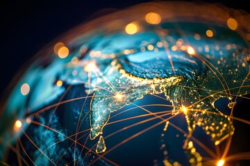 A close-up perspective on the Earth, highlighting the vibrant network connections that span across the globe - obrazy, fototapety, plakaty