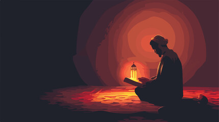 Praying Muslim man with Koran on dark background vector