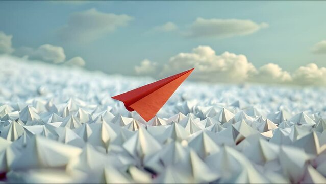 Red paper plane elevating over white group, birds eye perspective, clear day
