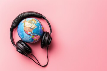 Stereo headphone and a globe on a pink background. World music day concept. Top view. Copy space - generative ai