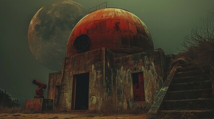 Mysterious blood moon rising behind a crumbling observatory at twilight