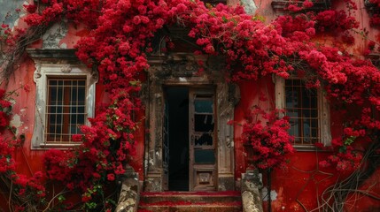 Vibrant red bougainvillea drapes over the crumbling facade of an old villa