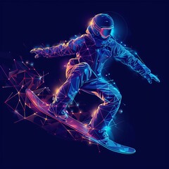 Snowboarder in action made of polygon Al neon network on dark blue background