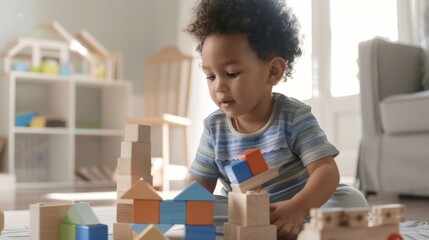 A young child with curly hair wearing a blue and white striped shirt sitting on the floor and playing with colorful wooden blocks creating a tower.
