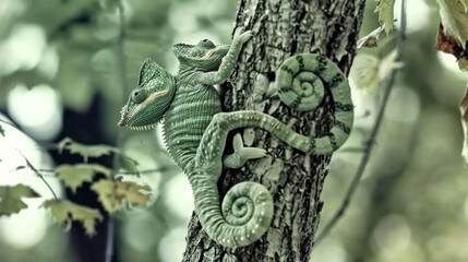 Green chameleon clinging to a branch, displaying perfect camouflage in a natural forest setting