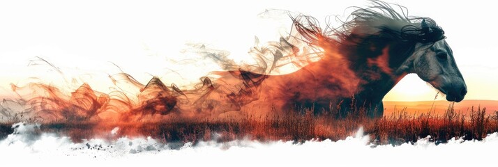 Double exposure of horse with sunrise and grass