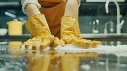 Person wearing yellow gloves and an orange apron washing dishes in a kitchen.