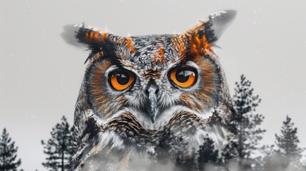 Double Exposure of an Owl in a Snowy Forest