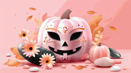 Pumpkins with masks flowers and spa stones on pink background