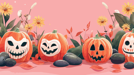 Pumpkins with masks flowers and spa stones on pink background