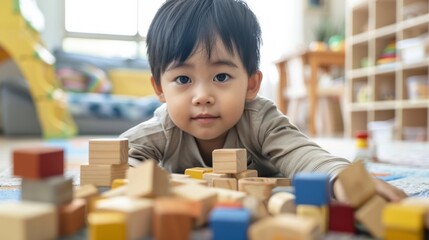 A young child with a joyful expression sitting on the floor playing with a colorful assortment of wooden building blocks.